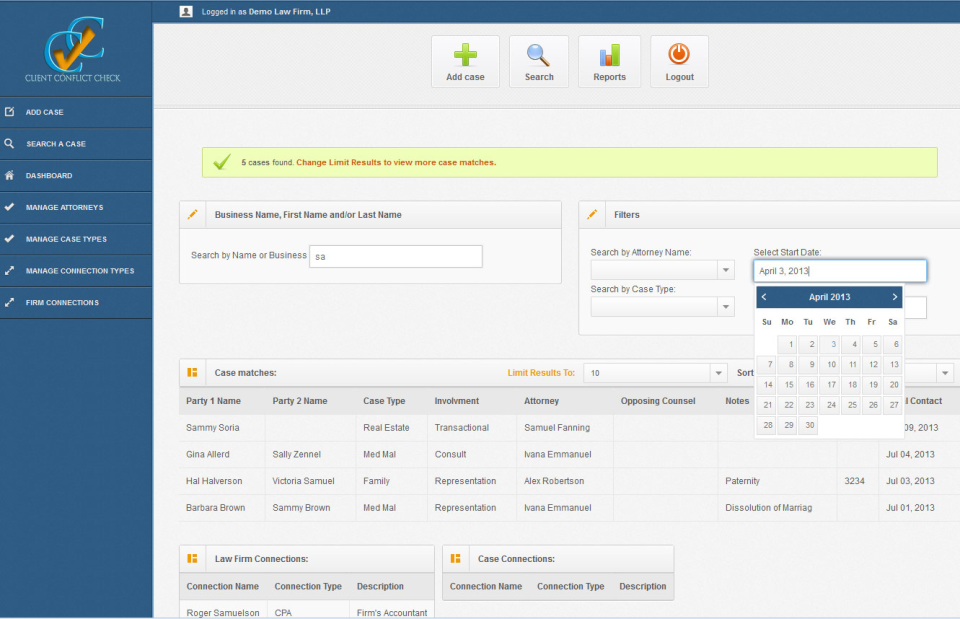 screenshot of Client Conflict Check